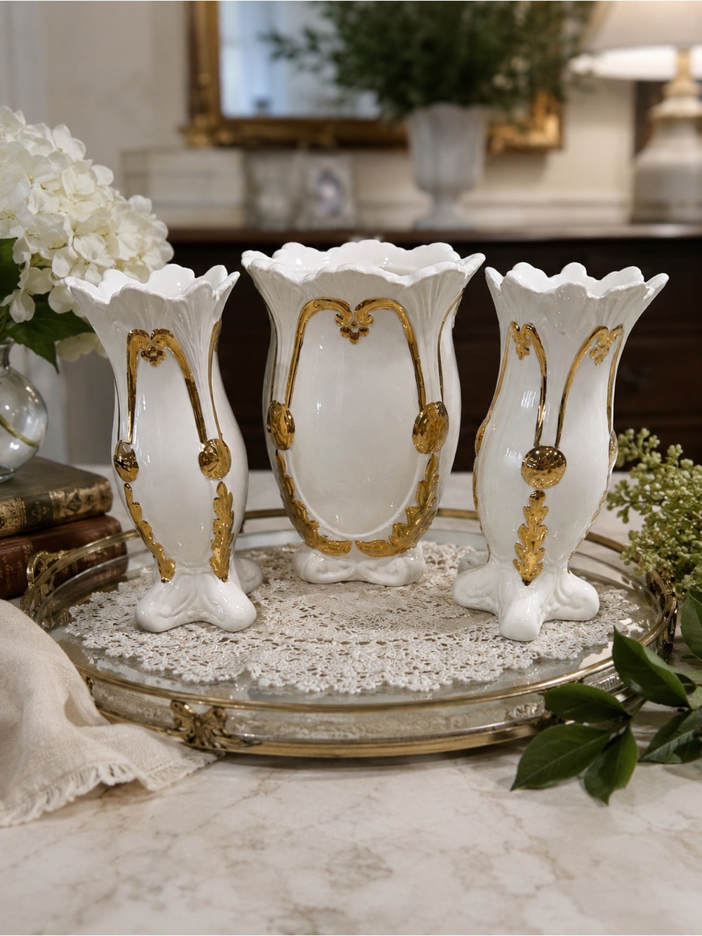 Vintage-Style White and Gold Porcelain Decorative Vases - Set of 3